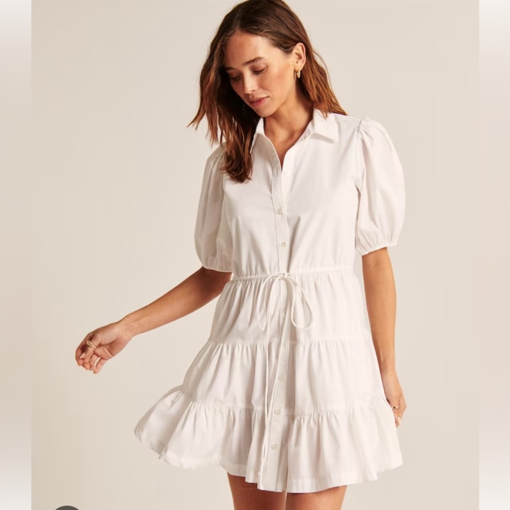 Abercrombie & Fitch easy waist puff sleeve poplin shirt dress, white XXS